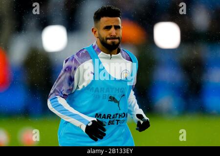 Leicester, UK. 22nd February 2020. ; English Premier League Football, Leicester City versus Manchester City; Riyad Mahrez of Manchester City during the pre-match warm-up - Strictly Editorial Use Only. No use with unauthorized audio, video, data, fixture lists, club/league logos or 'live' services. Online in-match use limited to 120 images, no video emulation. No use in betting, games or single club/league/player publications Credit: Action Plus Sports Images/Alamy Live News Stock Photo