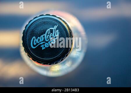 Calgary Alberta, Canada. Feb 22 2020. Top view of a empty Coca Cola Zero plastic bottle Stock Photo