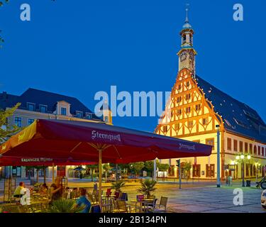 Gewandhaus and sidewalk cafe at Hauptmarkt in Zwickau,Saxony,Germany Stock Photo