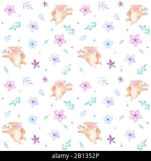 Happy Easter holiday watercolor rabbit seamless pattern with flowers and leaves, greetings card, isolated on white Stock Photo