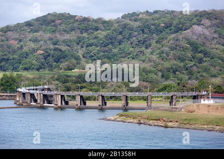 The view of the dam barrier in artificial Gatun Lake (Colon, Panama). Stock Photo