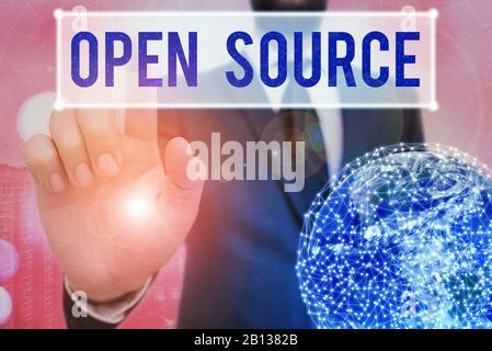 Writing note showing Open Source. Business concept for denoting software which original source code is made free Stock Photo