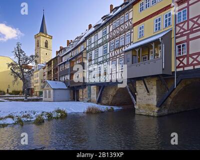 Krämerbruecke bridge with St. Giles Church Tower in Erfurt,Thuringia,Germany Stock Photo