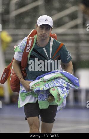 February 22, 2020, Delray Beach, Florida, United States: FEBRUARY 22 - Delray Beach:Ugo Humbert(FRA) walks of the court during a rain delay during their Semi-final round match at the 2020 Delray Beach Open by Vitacost.com in Delray Beach, Florida. (Credit Image: © Andrew Patron/ZUMA Wire) Stock Photo