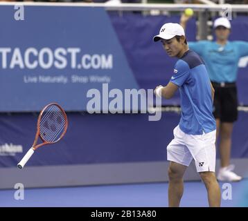 February 22, 2020, Delray Beach, Florida, United States: FEBRUARY 22 - Delray Beach: Yoshihito Nishioka(JPN) slams his racket in frustration during their semi-final round match against Ugo Humbert(FRA) at the 2020 Delray Beach Open by Vitacost.com in Delray Beach, Florida. (Credit Image: © Andrew Patron/ZUMA Wire) Stock Photo