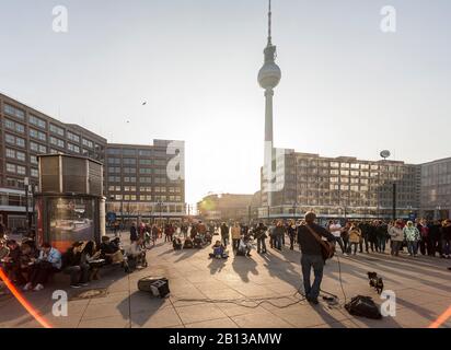 Street music at Alexanderplatz,Alexander House,TV Tower,Berlinahaus,Park Inn,Mitte,Berlin,Germany,Europe Stock Photo