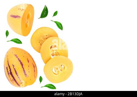 Fresh Pepino fruit with leaves isolated on white background. Top view, flat lay. Stock Photo