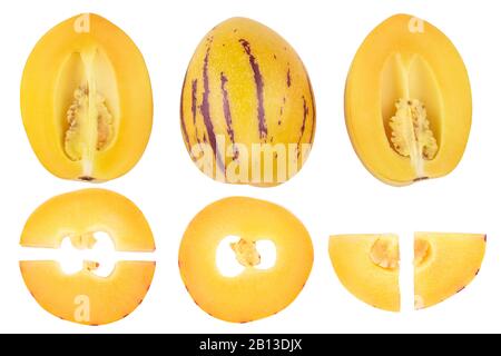 Fresh Pepino fruit with leaves isolated on white background. Top view, flat lay. Stock Photo