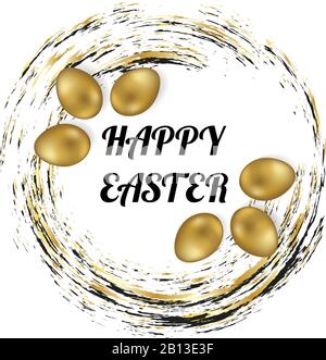 Happy Easter. Greating postcard. Golden eggs in a nest. Vector stock illustration. Stock Photo