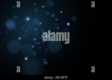 Abstract blue lights bokeh on a black background. Glares with flying glowing particles. Ligh effect. Vector illustration. EPS 10 Stock Vector