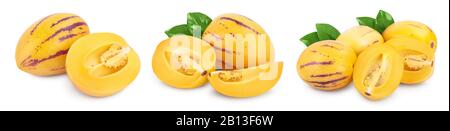Fresh Pepino fruit with leaves isolated on white background. Set or collection. Stock Photo