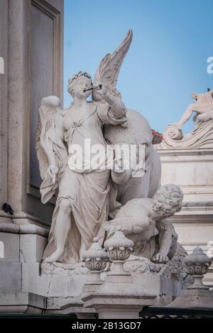 Details around the Terreiro do Paco is an equestrian statue of King Dom Jose who suvived the destruction of 1755 earth quake in Lisbon Porgual Stock Photo