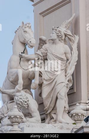 Details around the Terreiro do Paco is an equestrian statue of King Dom Jose who suvived the destruction of 1755 earth quake in Lisbon Porgual Stock Photo