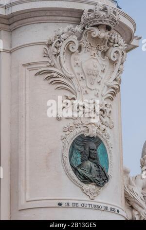 Details around the Terreiro do Paco is an equestrian statue of King Dom Jose who suvived the destruction of 1755 earth quake in Lisbon Porgual Stock Photo