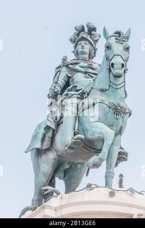 Details around the Terreiro do Paco is an equestrian statue of King Dom Jose who suvived the destruction of 1755 earth quake in Lisbon Porgual Stock Photo