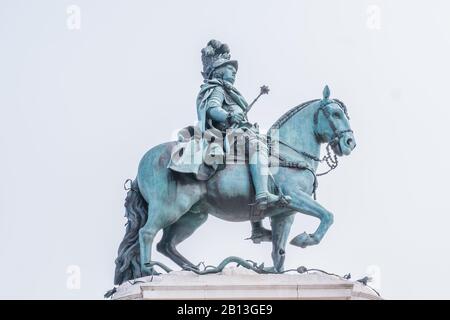 Details around the Terreiro do Paco is an equestrian statue of King Dom Jose who suvived the destruction of 1755 earth quake in Lisbon Porgual Stock Photo