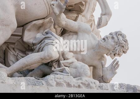 Details around the Terreiro do Paco is an equestrian statue of King Dom Jose who suvived the destruction of 1755 earth quake in Lisbon Porgual Stock Photo