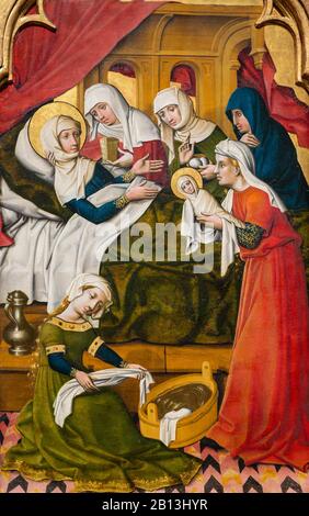 The Birth of the Virgin Mary. c. 1445. Painting on fir. By the Master of the Lichtenstein Castle. Stock Photo