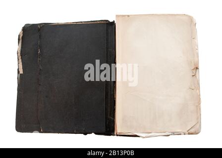Old vintage grungy bible with the deterioration showing on the leather as well as the paper. Isolated on white. Stock Photo