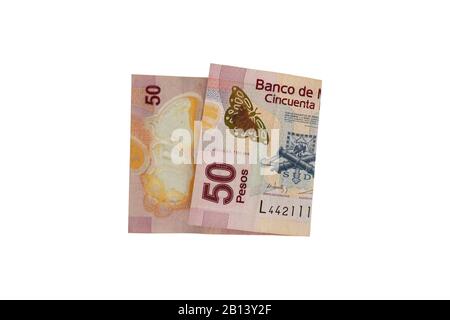 A single middle folded 50 mexican peso bill isolated and on white background Stock Photo