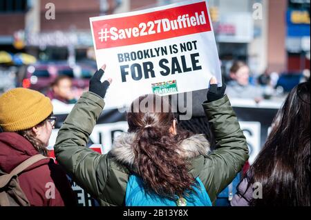 Friends of Abolitionist Place gather for an emergency rally and march to save 227 Duffield at the Barclays Center in Brooklyn, New York, on February 22, 2020. 227 Duffield in downtown Brooklyn was a stop on the Underground Railroad, and despite concerted efforts by the community to save the building, the Landmarks Preservation Commission intends to rule against landmark protection. (Photo by Gabriele Holtermann-Gorden/Sipa USA) Stock Photo