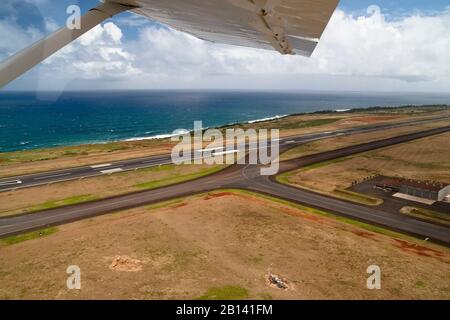 View from plane, Lihue Airport, Kauai Island, Hawaii, USA Stock Photo