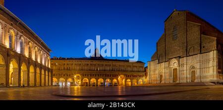 Bologna - The Basilica di San Petronio and Palazzo del Podesta on the Piazza Maggiore square in morning dusk. Stock Photo