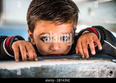 Local boy in the train, India, Asia Stock Photo