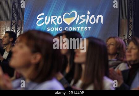 Kiev, Ukraine. 22nd Feb, 2020. Visitors watch the 2020 Eurovision Song Contest (ESC) national selection show in Kiev.Ukrainian band Go A with song Solovey will represent Ukraine at the 2020 Eurovision Song Contest (ESC) in Netherlands. The 65th anniversary Eurovision song contest will be held in Rotterdam (Netherlands) from May 12 to May 16, 2020. Ukraine, which missed the competition last year, intends to return to participation in 2020. Credit: SOPA Images Limited/Alamy Live News Stock Photo