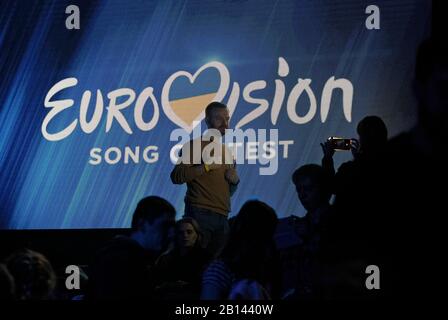 Kiev, Ukraine. 22nd Feb, 2020. A visitor poses for a photo during the 2020 Eurovision Song Contest (ESC) national selection show in Kiev.Ukrainian band Go A with song Solovey will represent Ukraine at the 2020 Eurovision Song Contest (ESC) in Netherlands. The 65th anniversary Eurovision song contest will be held in Rotterdam (Netherlands) from May 12 to May 16, 2020. Ukraine, which missed the competition last year, intends to return to participation in 2020. Credit: SOPA Images Limited/Alamy Live News Stock Photo