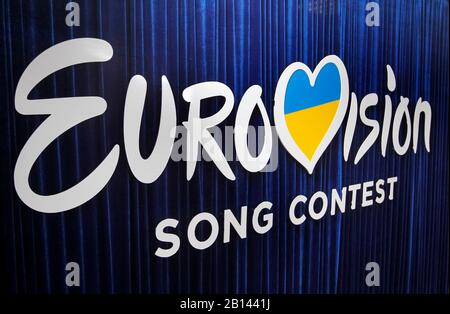 Kiev, Ukraine. 22nd Feb, 2020. The Eurovision Song Contest logo is seen during the 2020 Eurovision Song Contest (ESC) national selection show in Kiev.Ukrainian band Go A with song Solovey will represent Ukraine at the 2020 Eurovision Song Contest (ESC) in Netherlands. The 65th anniversary Eurovision song contest will be held in Rotterdam (Netherlands) from May 12 to May 16, 2020. Ukraine, which missed the competition last year, intends to return to participation in 2020. Credit: SOPA Images Limited/Alamy Live News Stock Photo