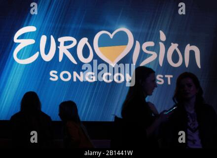 Kiev, Ukraine. 22nd Feb, 2020. Visitors watch the 2020 Eurovision Song Contest (ESC) national selection show in Kiev.Ukrainian band Go A with song Solovey will represent Ukraine at the 2020 Eurovision Song Contest (ESC) in Netherlands. The 65th anniversary Eurovision song contest will be held in Rotterdam (Netherlands) from May 12 to May 16, 2020. Ukraine, which missed the competition last year, intends to return to participation in 2020. Credit: SOPA Images Limited/Alamy Live News Stock Photo