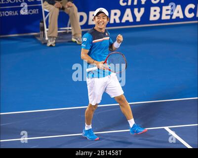 FEBRUARY 22 - Delray Beach: Yoshihito Nishioka(JPN) celebrating here, defeats Ugo Humbert(FRA) in 3 sets to make the finals at the 2020 Delray Beach Open by Vitacost.com in Delray Beach, Florida.Credit: Andrew Patron/MediaPunch Stock Photo