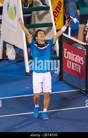 FEBRUARY 22 - Delray Beach: Yoshihito Nishioka(JPN) celebrating here, defeats Ugo Humbert(FRA) in 3 sets to make the finals at the 2020 Delray Beach Open by Vitacost.com in Delray Beach, Florida.Credit: Andrew Patron/MediaPunch Stock Photo