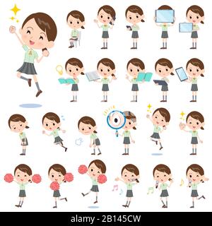 A set of Short sleeve school girl with digital equipment such as smartphones.There are actions that express emotions.It's vector art so it's easy to e Stock Vector