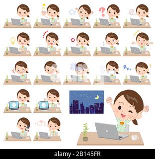 A set of Short sleeve school girl on desk work.There are various actions such as feelings and fatigue.It's vector art so it's easy to edit. Stock Vector