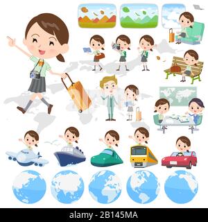 A set of Short sleeve school girl on travel.There are also vehicles such as boats and airplanes.It's vector art so it's easy to edit. Stock Vector