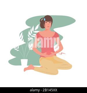 woman suffering from abdominal pain injury on belly area girl having stomach ache full length vector illustration Stock Vector