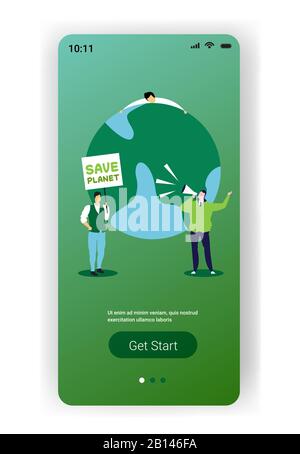 environmental activists holding poster save planet protesters campaigning to protect earth demonstrating against global warming full length copy space smartphone screen mobile app vector illustration Stock Vector