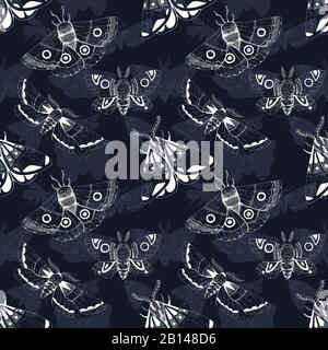 Black and white seamless pattern with white ink moth on dark background Stock Photo