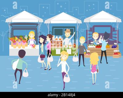 Illustration of Man and Woman Shopping in Stalls of Independent Market Downtown Stock Photo