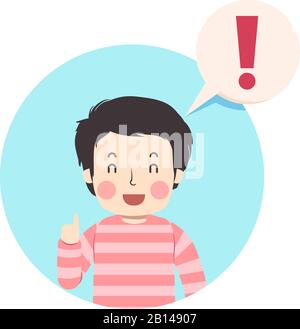 Illustration of a Smiling Teenage Guy Student Pointing Up Saying Something Important with an Exclamation Point in a Speech Bubble Stock Photo
