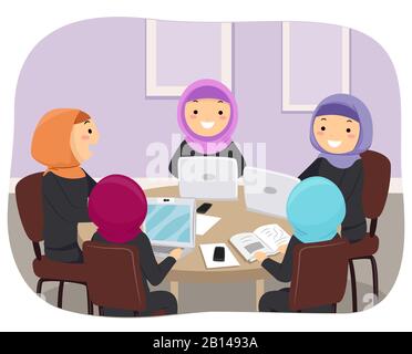 Illustration of Teenage Stickman Girls in a Group Study Wearing Hijab, Sitting at a Round Table with Laptop, Book, Papers and Phones on Table Stock Photo