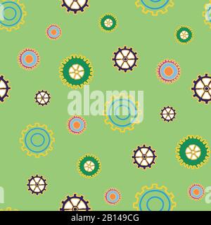 Top Gear scattered cogs on green background surface pattern design vector repeat seamless Stock Vector