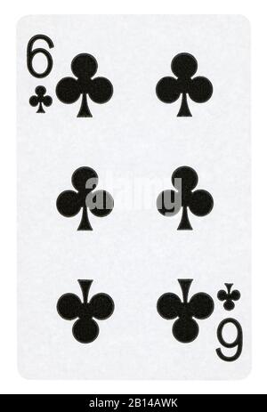 Six of Clubs Vintage playing card - isolated on white (clipping path included) Stock Photo