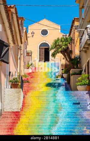 Arzachena, Sardinia / Italy - 2019/07/19: Famous stairs of Saint Lucia leading to the Church of Saint Lucia - Chiesa di Santa Lucia - in Arzachena Stock Photo