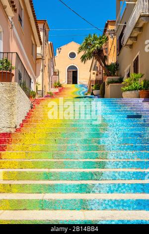 Arzachena, Sardinia / Italy - 2019/07/19: Famous stairs of Saint Lucia leading to the Church of Saint Lucia - Chiesa di Santa Lucia - in Arzachena Stock Photo