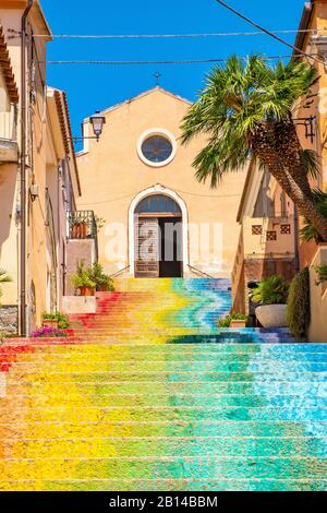 Arzachena, Sardinia / Italy - 2019/07/19: Famous stairs of Saint Lucia leading to the Church of Saint Lucia - Chiesa di Santa Lucia - in Arzachena Stock Photo