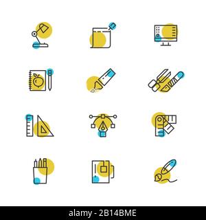 Office stationery thin line icons collection. Set of drawing color tools. Vector illustration Stock Vector