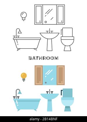 Bathroom concept - flat style and line style bathroom design. Bath and toilet, vector illustration Stock Vector